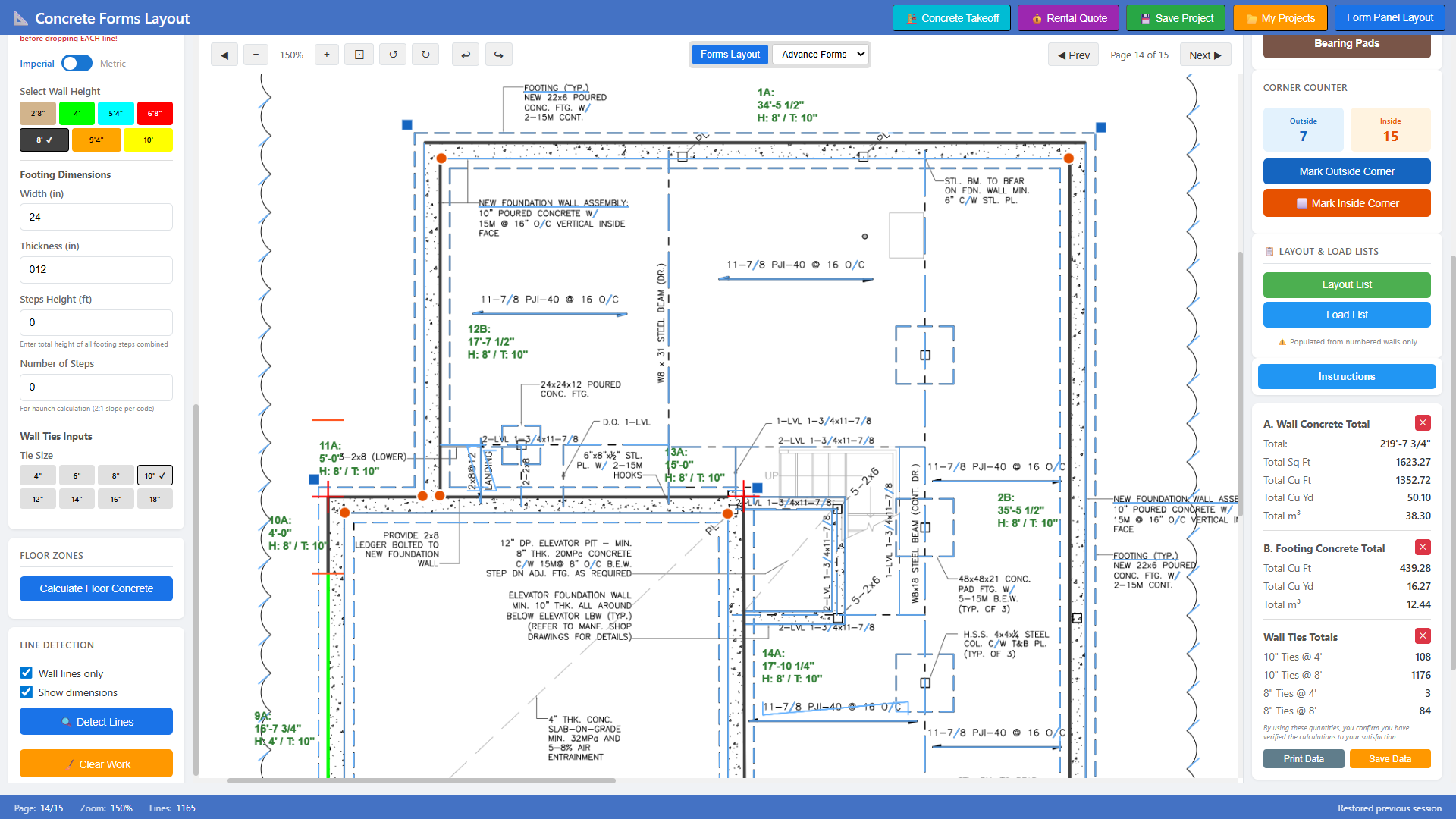 Foundation CAD drawing with numbered walls - upper section