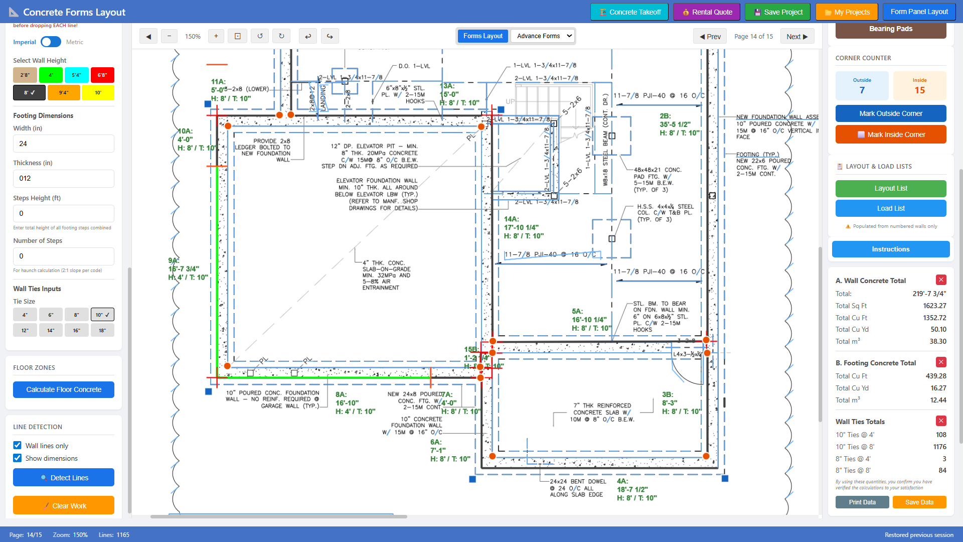 Foundation CAD drawing with numbered walls - lower section