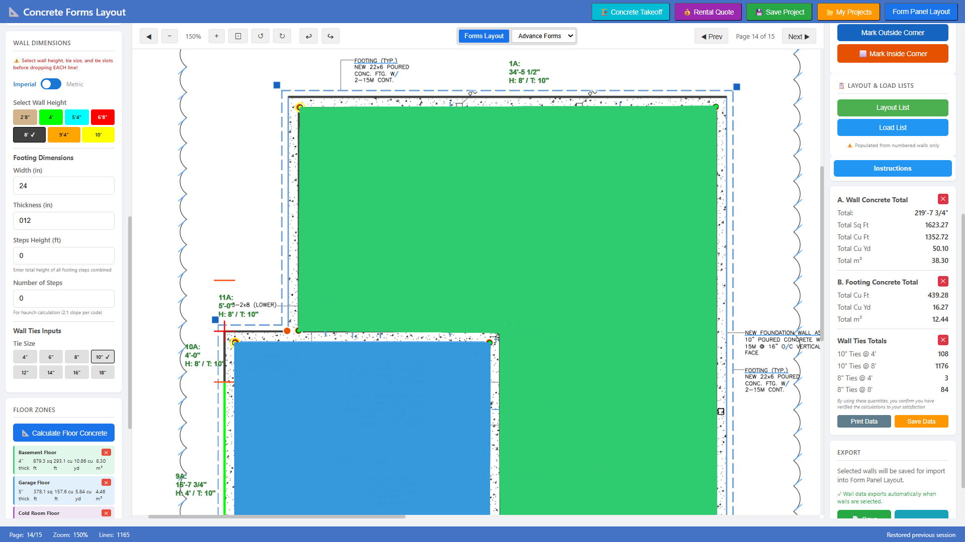 Floor zones highlighted on foundation drawing